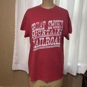 Great Smoky Mountains Railroad, coral red, short raw edge sleeve tee shirt